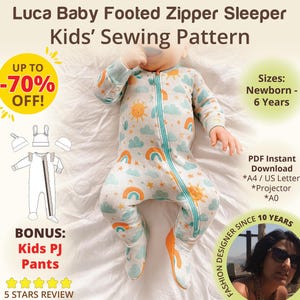 Footed Baby Zipper Sleeper Sewing Pattern with Mittens Zipper Pajama with Zipper Guard and Ruffles Romper with Foot and Hat Beanies