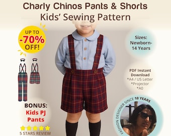 Formal Shorts wedding Kids Chinos Children Classic School Pants Sewing Pattern Boy Classic Trousers with Pleats, Pocket, Bow Tie, Suspenders