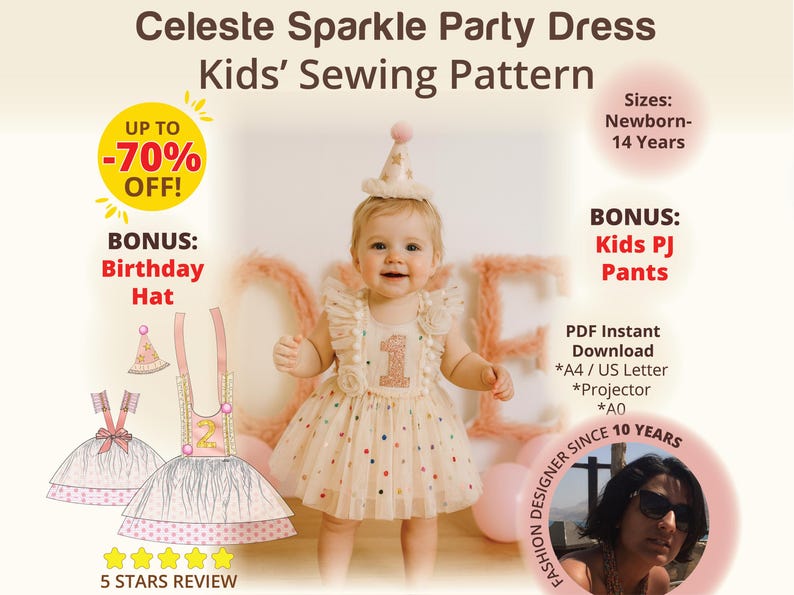 Discover the Celeste Sparkle Party Dress kids sewing pattern, designed for newborn to 14 years. This beginner-friendly PDF sewing pattern comes with instant download, bonus birthday hat, and up to 70 percent off today. The dress features charming ruffles and a magical sparkle, perfect for birthday parties, photo shoots, or special events to make your little one shine