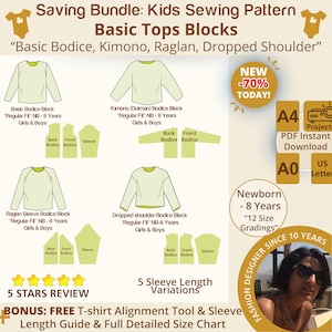 Pacchetto risparmio: set di top per bambini - vestibilità regolare - modello di cucito per bambini con corpetto a blocco base, modello kimono, manica raglan, spalle scese