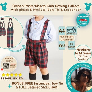 Formal pants wedding kids chinos children classic school shorts sewing pattern boy classic trousers with pleats, pocket, bow tie, suspenders
