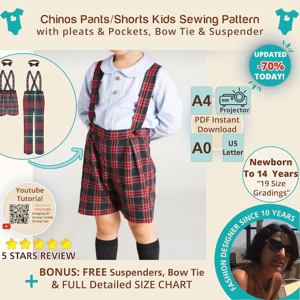 Formal pants wedding kids chinos children classic school shorts sewing pattern boy classic trousers with pleats, pocket, bow tie, suspenders