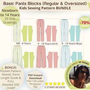 Kids Basic Pants Block Sewing Pattern Set: Regular Fit Pants and Relaxed Fit Trousers Kids Basic Block Pants Sewing Pattern - Newborn to 14Y