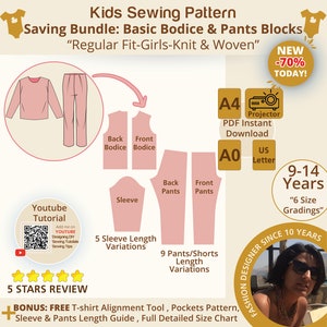 Saving Bundle: Girls Basic Bodice Block and Pants Sloper Set, Kids Sewing Pattern DIY Children Sloper Sewing PDF kids Sloper Pattern PDF