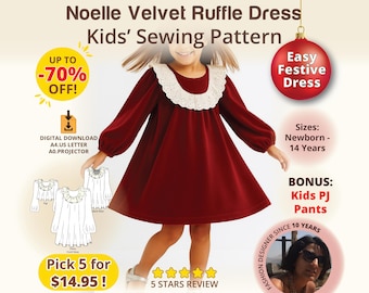 Bow Back Girls Dress Sewing Pattern PDF Baby Toddler Kids Ruffle Bishop Sleeve Party Holiday Outfit Birthday Dress Sizes NB–14Y