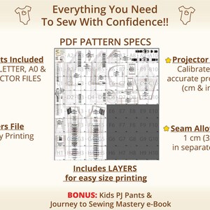 Overview of PDF pattern specifications showing layered printable sewing pattern pages, including A4, US Letter, A0 and projector formats, designed for easy printing and clear assembly, highlights separate size layers and seam allowance control, ideal for confident beginners who want organized files, supports baby sewing pattern and kids pdf sewing pattern users looking for professional, clean layouts that reduce confusion and help achieve accurate results from home or print shop.
