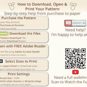 Step by step guide explaining how to download, open and print a printable sewing pattern, clearly showing the simple process from Etsy purchase to paper, including use of free Adobe Reader and size layer selection, created to remove fear around digital files, perfect for beginners using toddler sewing pattern or baby sewing pattern PDFs, reassures busy moms and grandmas that printing kids pdf sewing pattern files is simple and supported.