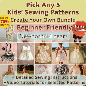Lot de 5 patrons de couture PDF pour enfants, choix de 5 pour un anniversaire, tenues de Noël, baby shower, séances photos, ensemble de tenues à imprimer numériquement, tailles Nb-14 ans