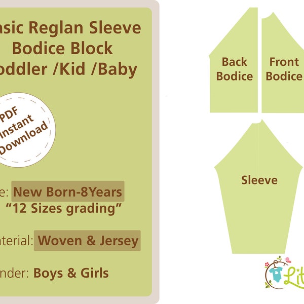Infant Raglan Sleeve Basic Bodice block (Knit Jersey/Woven) Kids sewing pattern Size NB-8Y, baby sloper, toddler jacket