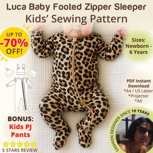 Mönster för sömnad med dragkedja för baby med fot och vantar, pyjamas med fot, gör-det-själv-sovdräkt med dragkedja i PDF-format, sömnadsmönster för babysoveraller