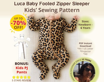 Footed Baby Zipper Sleeper Sewing Pattern with Mittens Infant Footie Pajamas DIY Zip Sleepsuit PDF Baby Romper Sewing Pattern