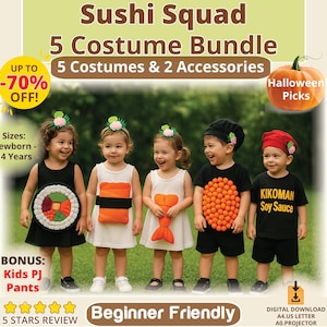 Sushi Costume Pattern Baby Outfit Toddler Halloween Sewing PDF Funny Food Dress Up Idea Group Matching Set Chef Theme DIY Party Clothes