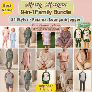 Family Sewing Pattern Bundle, Christmas Matching Pajama Jogger Lounge sets, Kids Women Men Sizes 18m–14Y XS–XXXL