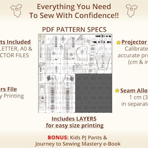 Overview of PDF pattern specifications showing layered printable sewing pattern pages, including A4, US Letter, A0 and projector formats, designed for easy printing and clear assembly, highlights separate size layers and seam allowance control, ideal for confident beginners who want organized files, supports baby sewing pattern and kids pdf sewing pattern users looking for professional, clean layouts that reduce confusion and help achieve accurate results from home or print shop.