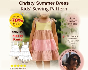 Modello di cucito per abito a balze per bambine, fai da te, per compleanno, da scaricare in formato digitale, in formato PDF, tutorial di cucito per abito a balze con cinturino e lacci per un look estivo.