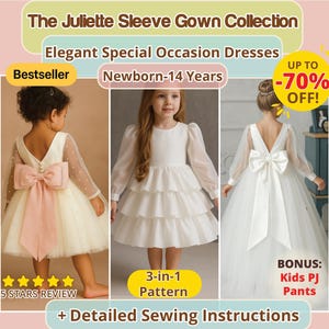 Op de afbeelding: De Juliette Sleeve Gown Collection presenteert elegante speciale gelegenheidskleding voor pasgeborenen tot 14 jaar. De afbeelding toont drie verschillende witte jurken met unieke ontwerpen, waaronder een jurk met een grote roze strik en een jurk met een gelaagde rok. De afbeelding bevat ook de tekst "Bestseller" en "-70% OFF!"