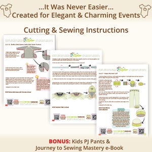 This preview image showcases illustrated cutting and sewing instruction pages from a LitelierKids PDF sewing pattern, including step-by-step diagrams for bodice seams, cuffs, pockets, and neckline finishes. It demonstrates the clear visual guidance included with every pattern, supporting beginners working with kids PDF sewing patterns, toddler sewing pattern tutorials, and printable sewing pattern projects with easy-to-follow steps.