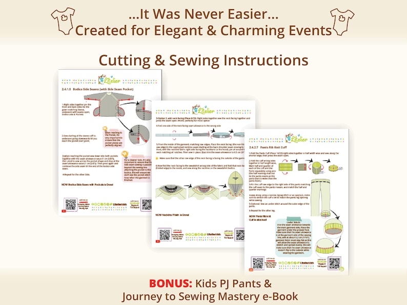 This preview image showcases illustrated cutting and sewing instruction pages from a LitelierKids PDF sewing pattern, including step-by-step diagrams for bodice seams, cuffs, pockets, and neckline finishes. It demonstrates the clear visual guidance included with every pattern, supporting beginners working with kids PDF sewing patterns, toddler sewing pattern tutorials, and printable sewing pattern projects with easy-to-follow steps.