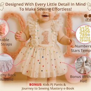 Designed with every thoughtful detail in mind, the Celeste Sparkle Party Dress sewing pattern includes adjustaple ribbon straps, stretchy back waistband, and bonus birthday hat template. Perfect for your child’s first birthday dress or any celebration dress, this easy sewing project makes it simple to create unforgettable handmade outfits from newborn to 14 years.
