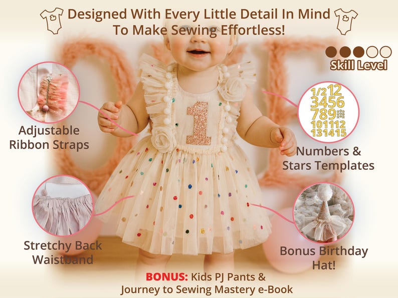 Designed with every thoughtful detail in mind, the Celeste Sparkle Party Dress sewing pattern includes adjustaple ribbon straps, stretchy back waistband, and bonus birthday hat template. Perfect for your child’s first birthday dress or any celebration dress, this easy sewing project makes it simple to create unforgettable handmade outfits from newborn to 14 years.