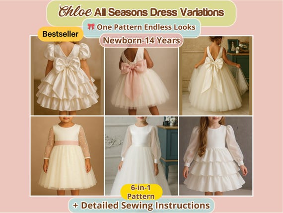 Flower Girl Dress Sewing Pattern Bundle Birthday Party Gown Christening Special Occasion Pdf Kids Back Bow Classic Sleeve Princess Dress