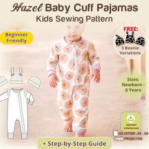Baby Romper Zipper Pajamas Sewing Pattern with Cuffs Newborn Zipped Onesie Pattern with Ruffles Toddler Sleeper Footless Winter Nightwear