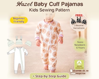 Baby Romper Zipper Pajamas Sewing Pattern with Cuffs Newborn Zipped Onesie Pattern with Ruffles Toddler Sleeper Footless Winter Nightwear