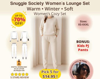 Women Lounge Set Sewing Pattern, Raglan Sleeve Top, Elastic Cuffs or Sweatshirt Foldable Mittens and Pants Footies