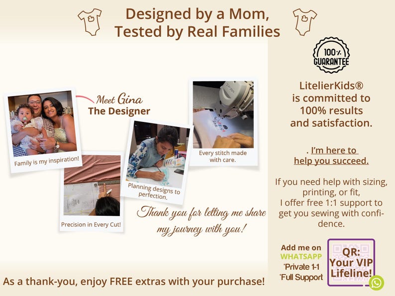 Meet the designer image introducing Gina, a mom and pattern designer, sharing the personal story behind the brand and the care put into each design, builds trust through real family testing and hands on creation, reassures buyers that support is available when sewing, perfect for those choosing a kids pdf sewing pattern or beginner-friendly sewing tutorial from a real person who understands family needs.