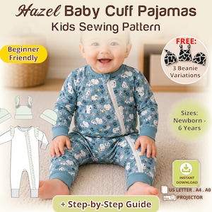 Pijama enterizo con cremallera para bebé, patrón de costura con cremallera y puños, pijama sin pies en PDF, patrón de mono con cremallera para niños pequeños, pijamas para niños (hazlo tú mismo)