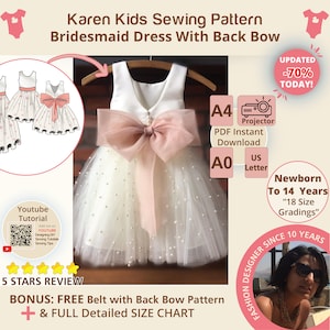 Bridesmaid Dress with Back Bow Kids Sewing Pattern, 1st Birthday Dress, Baby Easter, Tulle Flower Girl Proposal Dress Toddler, Baptism Dress