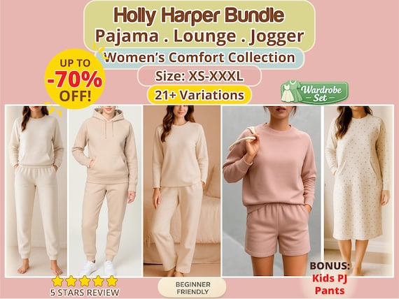 Women Pajama Lounge Jogger Set PDF Sewing Pattern, Winter Christmas Gift, Hoodie Or Neckband Top, Pant Or Short, Sleepwear, XS–XXXL
