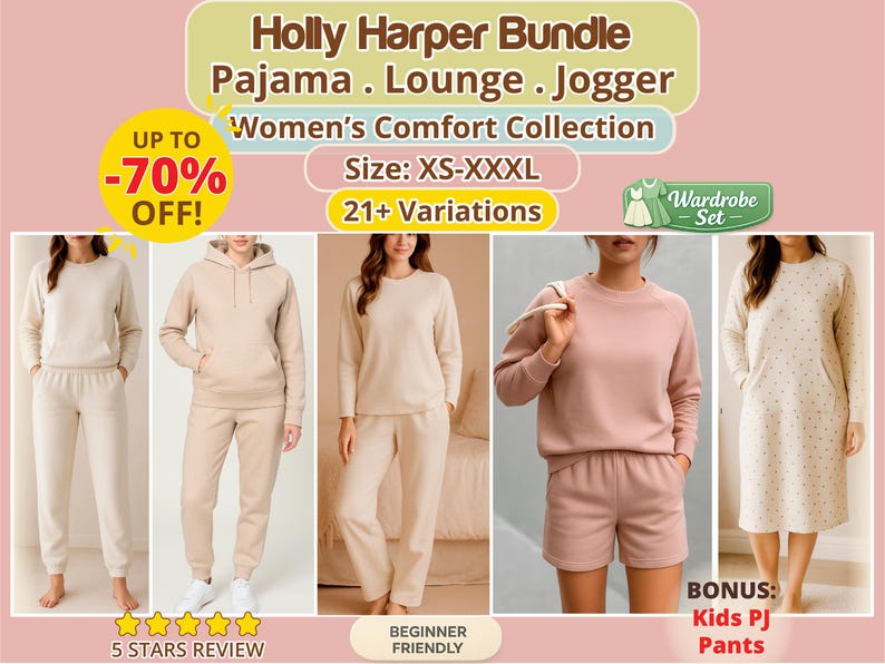 Womens sewing pattern bundle cover image showing pajama lounge and jogger outfits in coordinated neutral styles, representing a complete multiple sewing projects bundle designed for planning a handmade wardrobe, ideal for beginners and sewists who want a printable sewing patterns bundle that simplifies choices and creates a cohesive everyday wardrobe