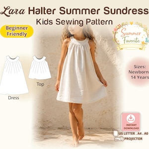 Patrón de costura para vestido halter de niña, atuendo de cumpleaños de verano, descarga digital en PDF DIY, top plisado sin mangas para niñas, tutorial