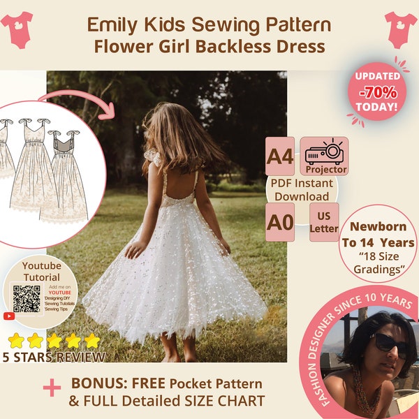 Flower Girl Dress Kids Sewing Pattern, Backless Bridesmaid Gown With Shoulder Bows, First Birthday Dress, Easter Dress, Retro Wedding Gown