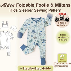 Zipper Sleeper Onesie Baby Pajama Sewing Pattern Foldable Footie Mittens Pajamas PDF Baby Footed Romper Newborn Zip Sleeper Kids DIY Pajama