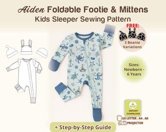 Zipper Sleeper Onesie Baby Pajama Sewing Pattern Foldable Footie Mittens Pajamas PDF Baby Footed Romper Newborn Zip Sleeper Kids DIY Pajama