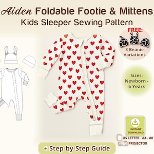 Zipper Onesie Baby Sewing Pattern with Foldable Footie and Mittens, Sleeper PDF | Zipper Toddler Pajamas with Zipper Guard | 3 Hat Beanie