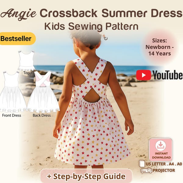 Cross-Back Dress Girls Pinafore PDF Sewing Pattern Girls Summer Dress Pattern Wrap Top Criss Cross Blouse Backless Dress Kids Japanese Apron