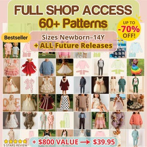 Kids Sewing Pattern Bundle PDF – Full Shop Access, Baby Toddler Birthday Holiday Pajamas Dresses Rompers Basics Sewing Patterns, Size NB–14Y