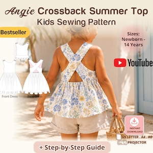 Girls Crossback Peplum Top Pattern, Toddler Summer Blouse PDF, Button Strap Baby Woven Top Sewing Pattern NB–14Y