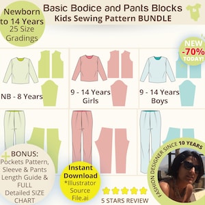 Saving Bundle: Kids Basic Bodice Block with Sleeves and Basic Pants Block with Regular Fit sewing pattern For Kids, Child Sloper DIY
