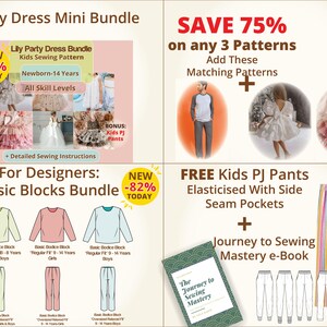 Celebrate savings with our Party Dress Mini Bundle. Get three sewing patterns with matching accessories at 75 percent off. Make birthday dresses, party outfits, and playful themes easy and affordable. With PDF instant downloads, create stylish, handmade kidswear and enjoy sewing unique dresses for newborns to 14 years with our Celeste Sparkle Party Dress bundle.