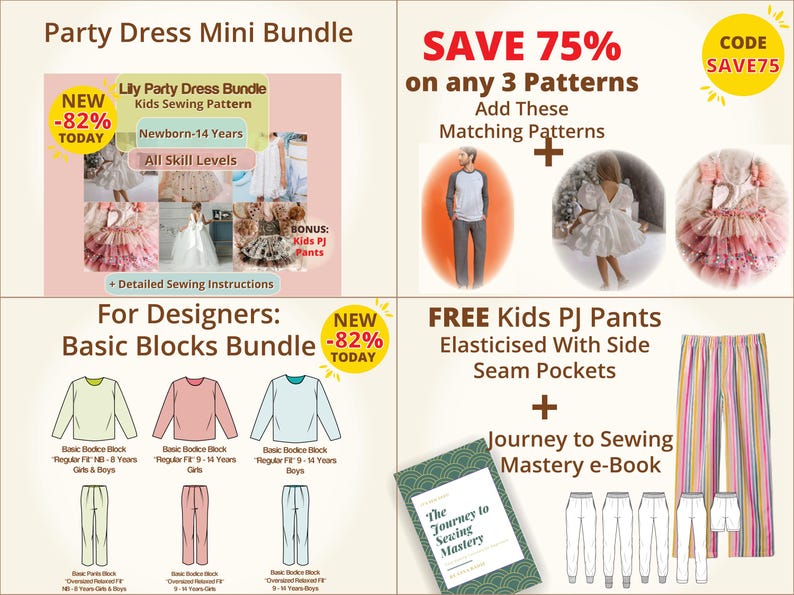 Celebrate savings with our Party Dress Mini Bundle. Get three sewing patterns with matching accessories at 75 percent off. Make birthday dresses, party outfits, and playful themes easy and affordable. With PDF instant downloads, create stylish, handmade kidswear and enjoy sewing unique dresses for newborns to 14 years with our Celeste Sparkle Party Dress bundle.