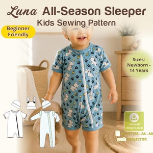 Patroon babyslaper met rits voor zomer en winter Pyjama zonder voeten naaien PDF kinderromper met korte broek pasgeboren babyhandtas DIY