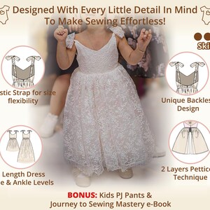 Easy Sewing Pattern skill level. Kids wedding Dress pattern for ring bearer or as a Birthday outfit features backless design, elastic bow straps, 2 length variations, knee dress or ankle dress for easter outfit or Christmas dress