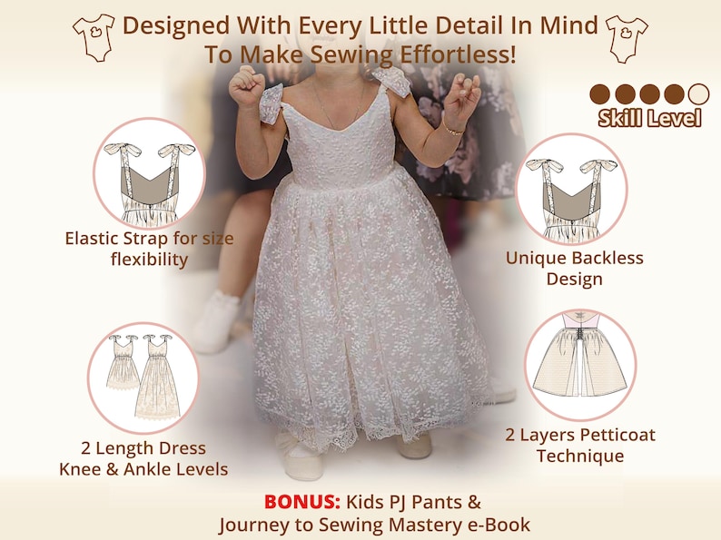 Easy Sewing Pattern skill level. Kids wedding Dress pattern for ring bearer or as a Birthday outfit features backless design, elastic bow straps, 2 length variations, knee dress or ankle dress for easter outfit or Christmas dress