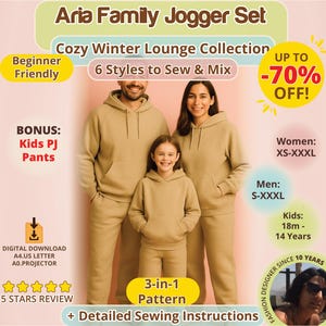 Familie joggerset pdf naaipatroon bundel voor kinderen, dames en heren, gezellige winterhoody sweater, lounge-outfit voor vakantie, fotoshoot