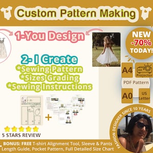 May include: An advertisement for custom pattern making services. The image includes illustrations of dresses, a photo of a woman in a dress, and text that reads "Custom Pattern Making", "1-You Design", and "2-I Create". It also includes a "NEW -70% TODAY!" promotion.