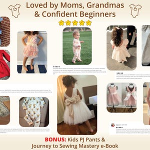 Customer reviews and finished makes collage showing real children wearing garments sewn from the patterns, shared by moms and grandmas worldwide, builds trust and confidence through authentic results, demonstrates how baby sewing pattern and toddler sewing pattern projects look in real life, reassures new buyers that kids pdf sewing pattern designs are achievable, loved and successfully sewn by confident beginners.